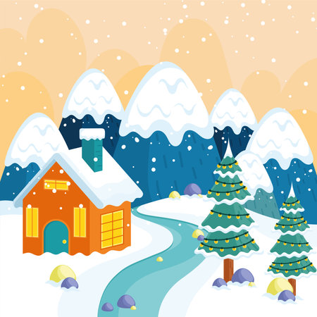 Mountain cabin and snowy trees with decorations, Vectorのイラスト素材