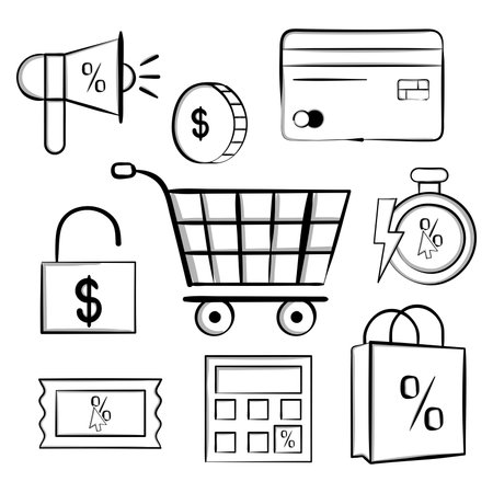 Black outline shopping and finance icon set, Vectorのイラスト素材