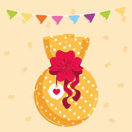 Yellow round gift bag with red ribbon and heart tag Vectorのイラスト素材