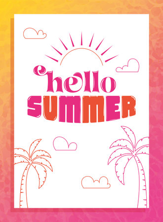 Hello summer poster with sun and palm trees Vectorのイラスト素材