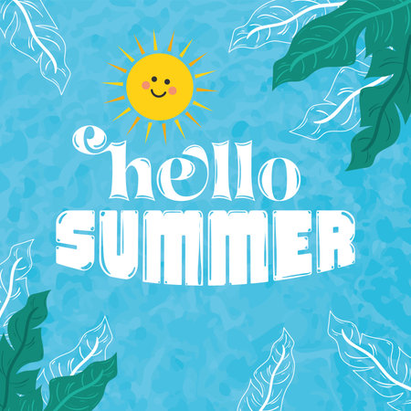 Hello summer poster with sun and tropical leaves Vectorのイラスト素材