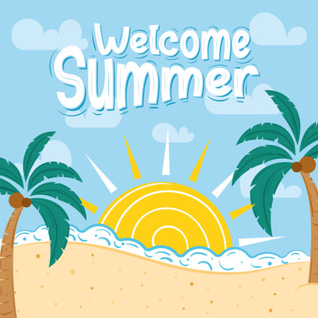 Welcome summer poster with sun, palm trees, and beach Vectorのイラスト素材