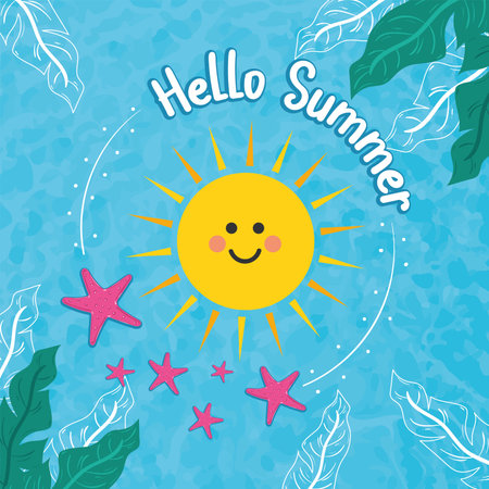 Hello summer poster with sun, starfish, and leaves Vectorのイラスト素材