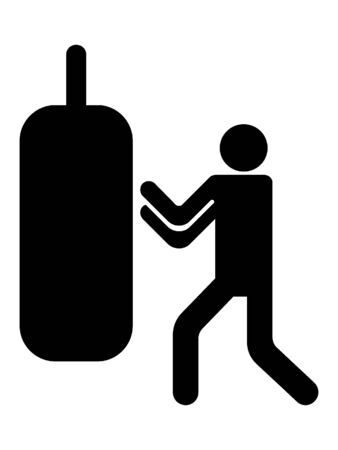 Simplified Black and White Silhouette Icon of a Boxer with a Boxing Bagのイラスト素材