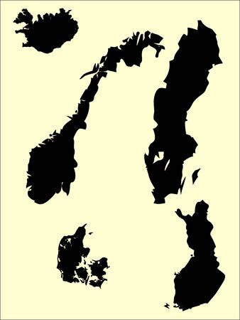 Set of Black Flat Silhouette Maps of Scandinavian Countries on Beige Backgroundのイラスト素材