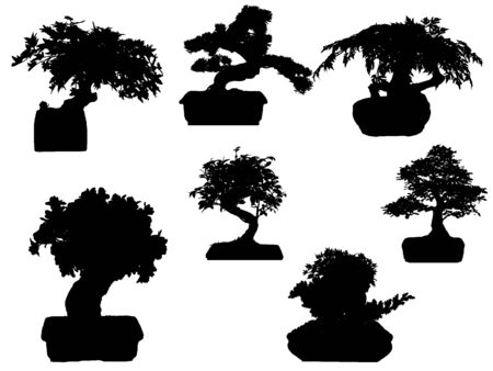 Black and White Silhouette of a Traditional Japanese Bonsai Tree Plants Setのイラスト素材