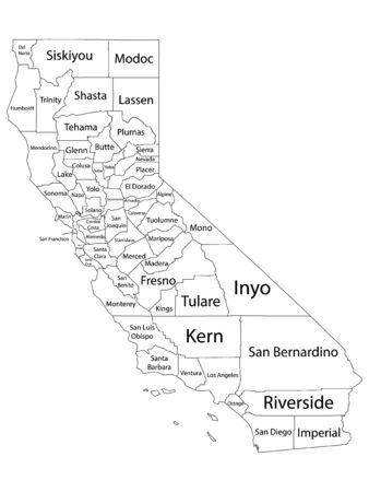 White Outline Counties Map With Counties Names of US State of California