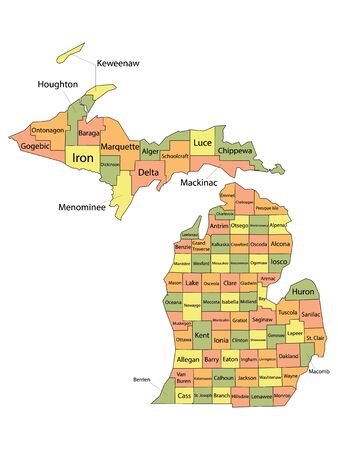 Colorful County Map With Counties Names of the US Federal State of Michiganのイラスト素材