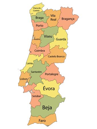 Labeled Colorful Districts Map of European Country of Portugalのイラスト素材