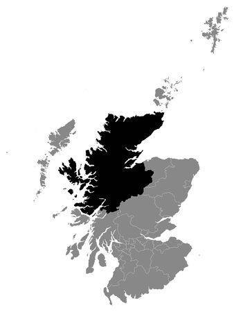 Black Location Map of Scottish Council Area of Highland within Grey Map of Scotlandのイラスト素材
