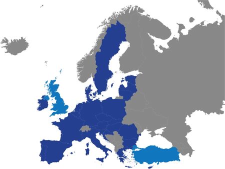 Detailed Colored Flat Political Map of European Union Customs Union (EUCU) on Grey Background of European Continentのイラスト素材