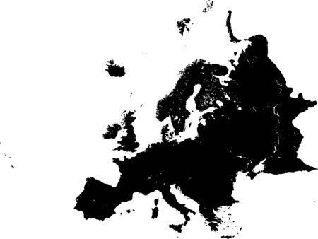 Detailed Black Flat Blank Map of European Continent with Lakesのイラスト素材
