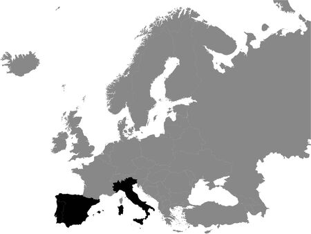 Detailed Black Flat Political Map of Southern Europe on Grey Background of European Continentのイラスト素材