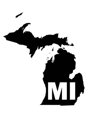 Black and White Silhouette Map of the US Federal State of Michigan with it's Postal Code Abbreviationのイラスト素材