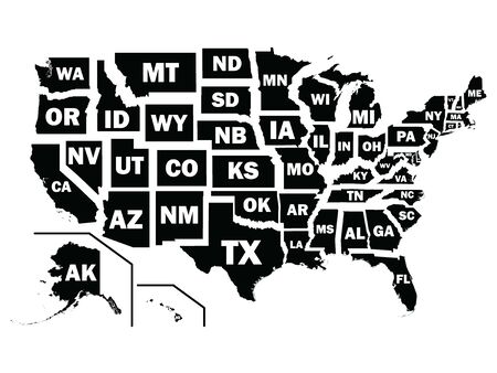 Black and White Silhouette Map of the United States of America Federal States with their Postal Code...