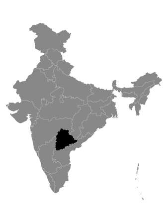 Black Location Map of Indian State of Telangana within Grey Map of Indiaのイラスト素材