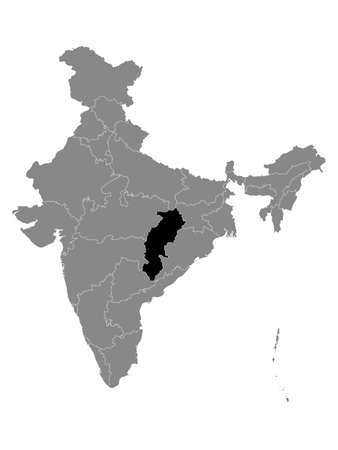Black Location Map of Indian State of Chhattisgarh within Grey Map of Indiaのイラスト素材