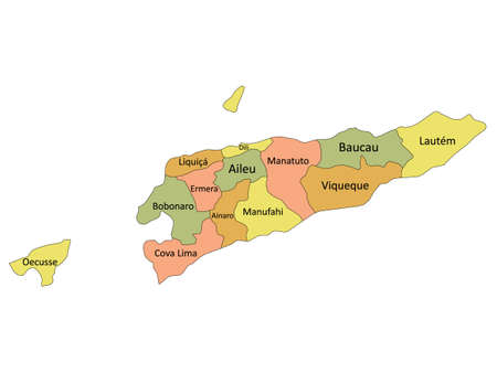 Pastel Colored Labeled Flat Municipalities Map of the Asian Country of East Timor (Timor Leste)のイラスト素材
