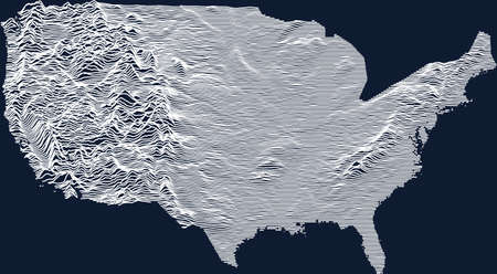 Topographic map of the United States of America with white contour lines on dark blue background (ortographic view of continental part)のイラスト素材