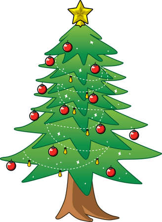 Simple cartoon hand drawn vector Christmas tree with ornamentsのイラスト素材