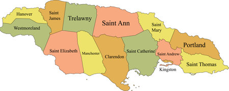 Pastel vector map of Jamaica with black borders and names of it's parishesのイラスト素材