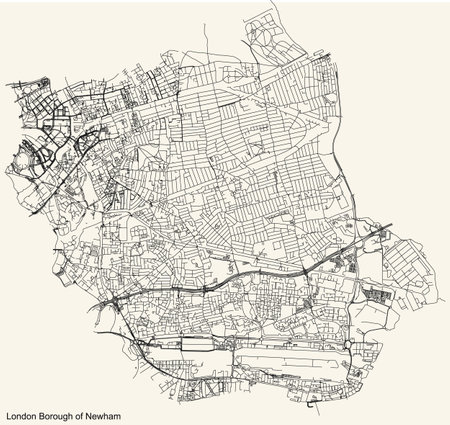Black simple detailed street roads map on vintage beige background of the neighbourhood London Borough of Newham, England, United Kingdomのイラスト素材