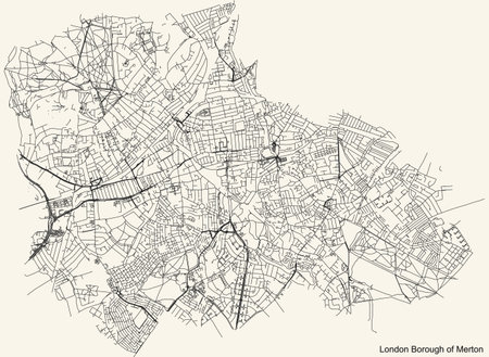 Black simple detailed street roads map on vintage beige background of the neighbourhood London Borough of Merton, England, United Kingdomのイラスト素材