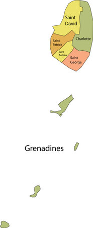 Pastel vector map of Saint Vincent and the Grenadines with black borders and names of it's parishesのイラスト素材