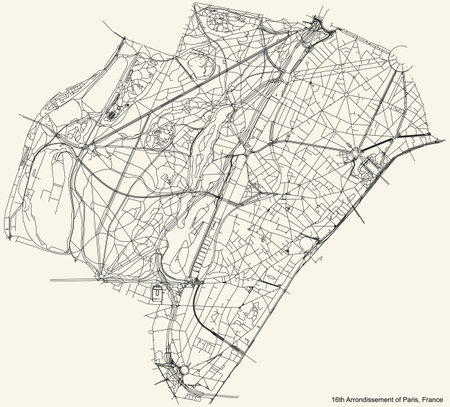 Black simple detailed street roads map on vintage beige background of the neighbourhood seiziÃ¨me, 16th arrondissement of Paris, Franceのイラスト素材