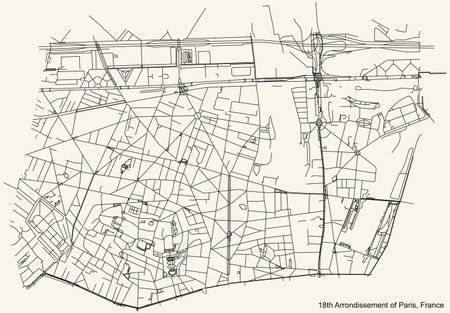Black simple detailed street roads map on vintage beige background of the neighbourhood dix-huitiÃ¨me, 18th arrondissement of Paris, Franceのイラスト素材