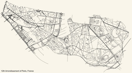 Black simple detailed street roads map on vintage beige background of the neighbourhood douziÃ¨me, 12th arrondissement of Paris, Franceのイラスト素材