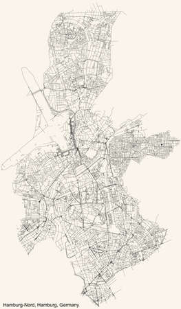 Black simple detailed street roads map on vintage beige background of the neighbourhood Hamburg-Nord borough (bezirk) of the Free and Hanseatic City of Hamburg, Germanyのイラスト素材