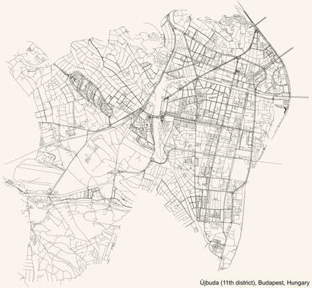 Black simple detailed street roads map on vintage beige background of the neighbourhood Ãjbuda 11th district (XI kerÃ¼let) of Budapest, Hungaryのイラスト素材