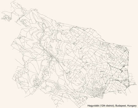 Black simple detailed street roads map on vintage beige background of the neighbourhood HegyvidÃ©k 12th district (XII kerÃ¼let) of Budapest, Hungaryのイラスト素材