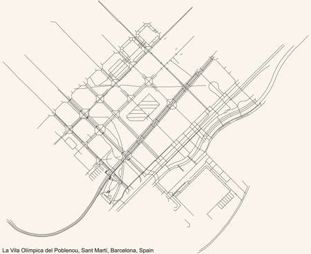 Black simple detailed street roads map on vintage beige background of the La Vila OlÃ­mpica del Poblenou neighbourhood of the Sant MartÃ­ district of Barcelona, Spainのイラスト素材