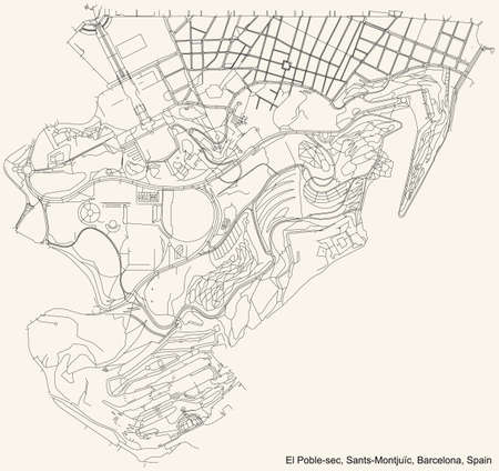 Black simple detailed street roads map on vintage beige background of the El Poble-sec neighbourhood of the Sants-MontjuÃ¯c district of Barcelona, Spainのイラスト素材
