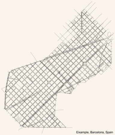 Black simple detailed street roads map on vintage beige background of the quarter Eixample district of Barcelona, Spainのイラスト素材