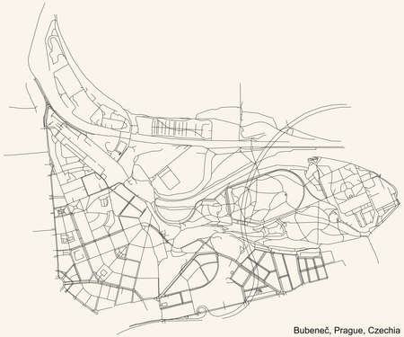 Black simple detailed street roads map on vintage beige background of the municipal district BubeneÄ cadastral area of Prague, Czech Republicのイラスト素材
