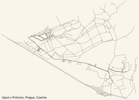 Black simple detailed street roads map on vintage beige background of the municipal district Ãjezd u PrÅ¯honic cadastral area of Prague, Czech Republicのイラスト素材