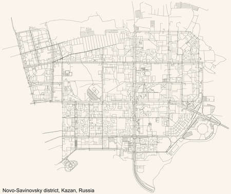 Black simple detailed street roads map on vintage beige background of the quarter Novo-Savinovsky district (raion) of Kazan, Russiaのイラスト素材