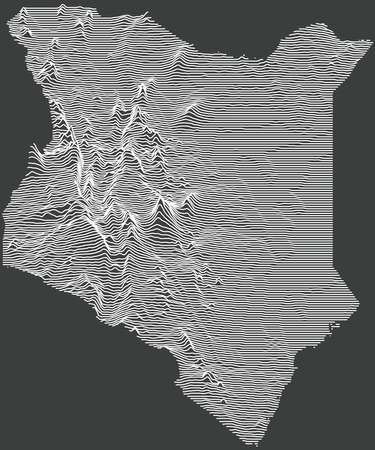Dark negative topographic map of the Republic of Kenya with white contour lines on dark gray backgroundのイラスト素材