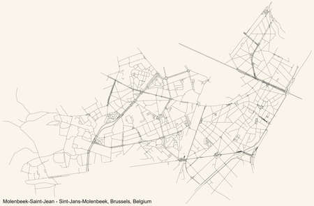 Black simple detailed street roads map on vintage beige background of the quarter Molenbeek-Saint-Jean (Sint-Jans-Molenbeek) municipality of Brussels, Belgiumのイラスト素材
