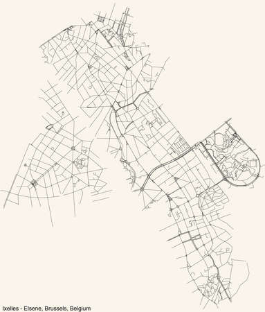 Black simple detailed street roads map on vintage beige background of the quarter Ixelles (Elsene) municipality of Brussels, Belgiumのイラスト素材