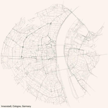 Black simple detailed street roads map on vintage beige background of the quarter Innenstadt district of Cologne, Germanyのイラスト素材