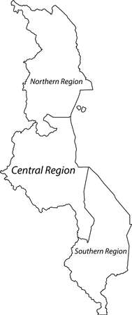 White vector map of the Republic of Malawi with black borders and names of its regionsのイラスト素材