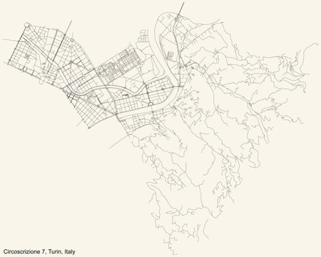 Black simple detailed street roads map on vintage beige background of the borough Circoscrizione 7 (Aurora, Vanchiglia, Sassi, Madonna del Pilone) of Turin, Italyのイラスト素材