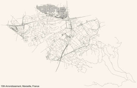 Black simple detailed street roads map on vintage beige background of the quarter 10th Arrondissement (La Capelette, Menpenti, Pont-de-Vivaux, Saint-Loup, Saint-Tronc, La Timone) of Marseille, Franceのイラスト素材