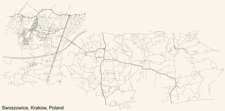 Black simple detailed street roads map on vintage beige background of the quarter Swoszowice district of Krakow, Polandのイラスト素材