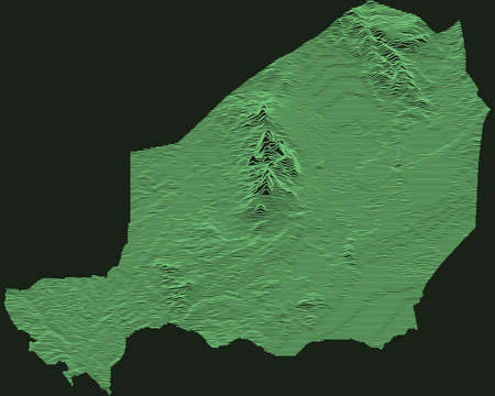 Topographic military radar tactical map of the Republic of Niger with emerald green contour lines on dark green backgroundのイラスト素材