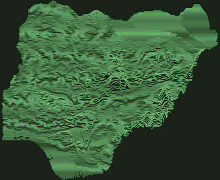 Topographic military radar tactical map of the Federal Republic of Nigeria with emerald green contour lines on dark green backgroundのイラスト素材